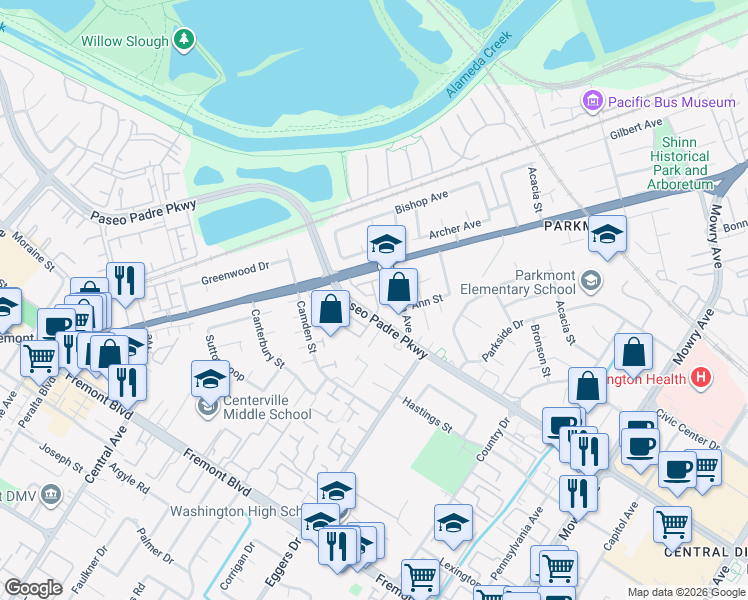 map of restaurants, bars, coffee shops, grocery stores, and more near 2997 Park Place Common in Fremont