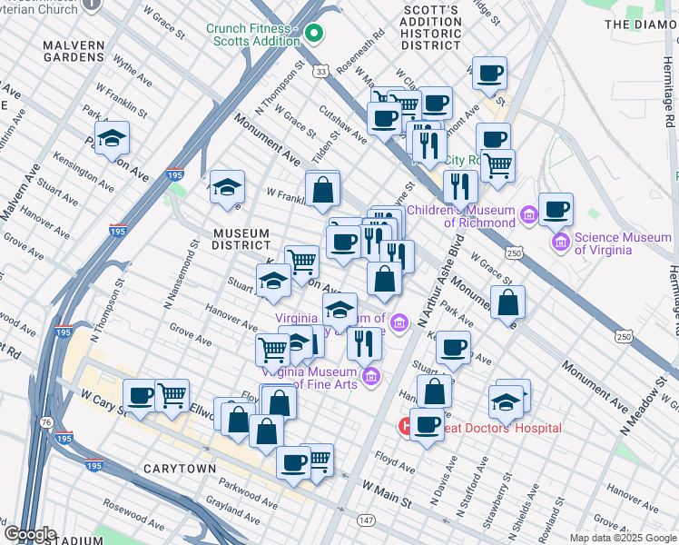 map of restaurants, bars, coffee shops, grocery stores, and more near 3104 Kensington Avenue in Richmond