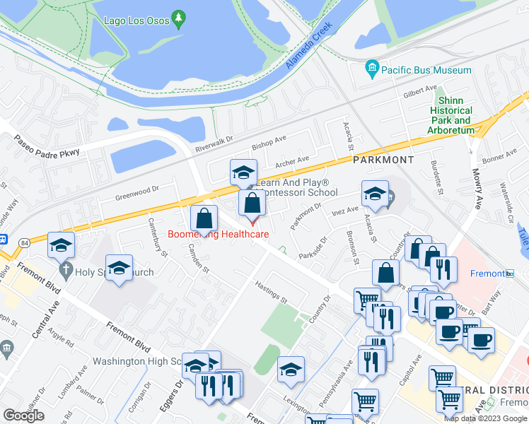 map of restaurants, bars, coffee shops, grocery stores, and more near 38099 Miller Place in Fremont
