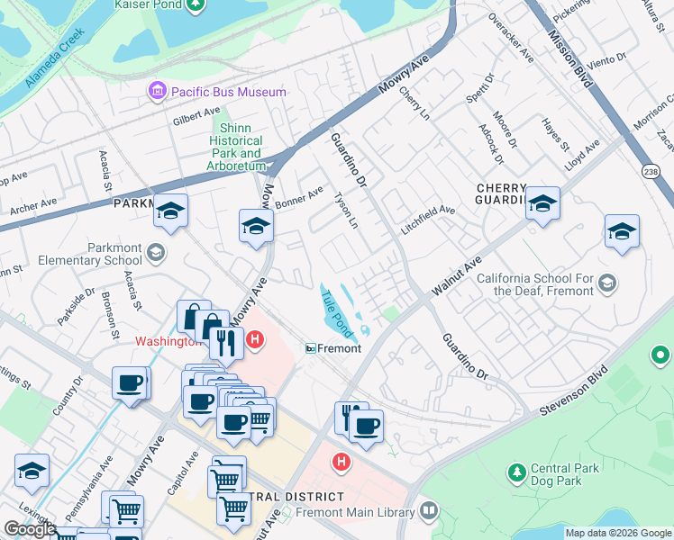 map of restaurants, bars, coffee shops, grocery stores, and more near 38751 Litchfield Circle in Fremont