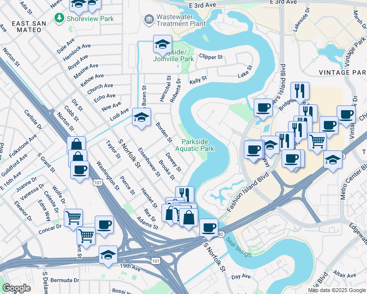 map of restaurants, bars, coffee shops, grocery stores, and more near 1611 Roberta Drive in San Mateo