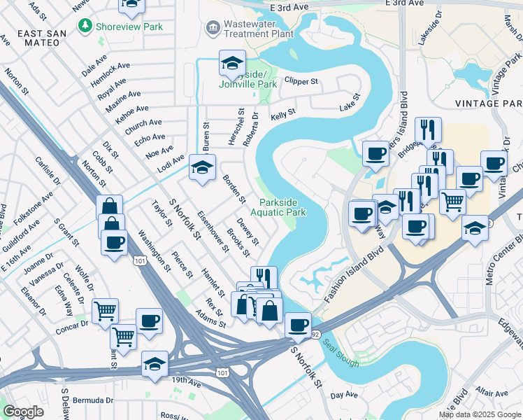 map of restaurants, bars, coffee shops, grocery stores, and more near 1611 Roberta Drive in San Mateo