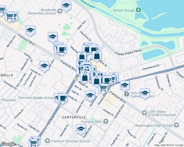 map of restaurants, bars, coffee shops, grocery stores, and more near 37120 Fremont Boulevard in Fremont