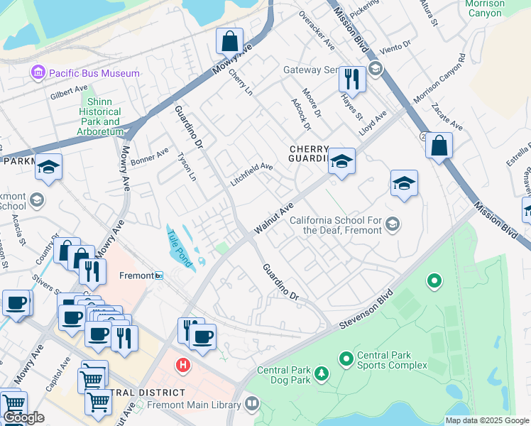 map of restaurants, bars, coffee shops, grocery stores, and more near 914 Walnut Avenue in Fremont
