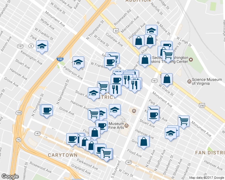 map of restaurants, bars, coffee shops, grocery stores, and more near 3104 Kensington Avenue in Richmond