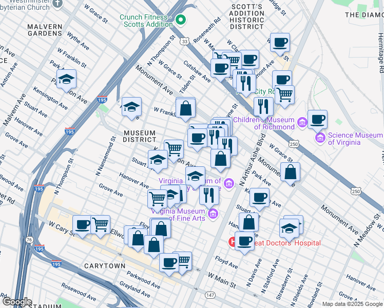 map of restaurants, bars, coffee shops, grocery stores, and more near 3113 Patterson Avenue in Richmond