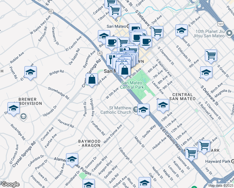 map of restaurants, bars, coffee shops, grocery stores, and more near 50 Mission Drive in San Mateo