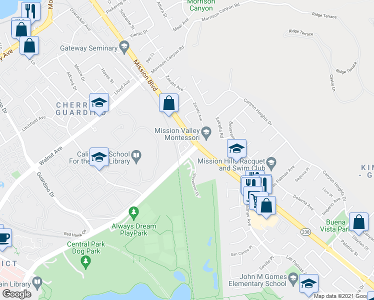 map of restaurants, bars, coffee shops, grocery stores, and more near 39488 Stevenson Place in Fremont