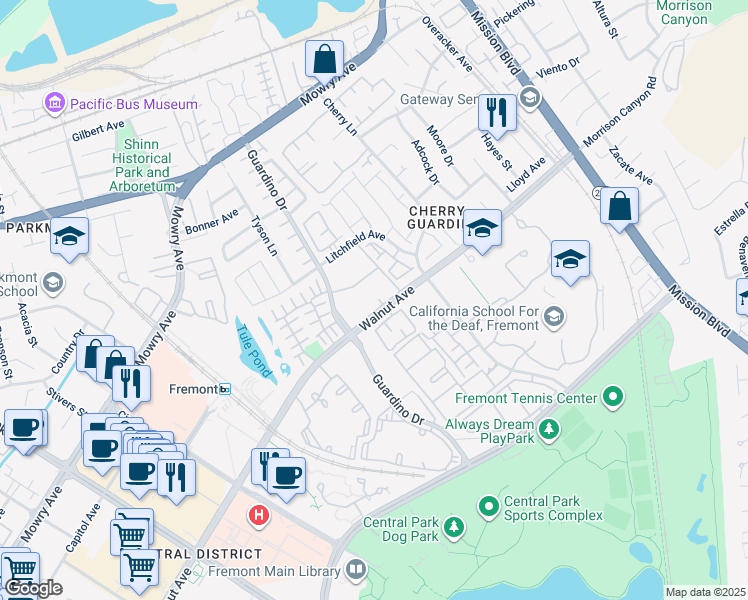 map of restaurants, bars, coffee shops, grocery stores, and more near 914 Walnut Avenue in Fremont