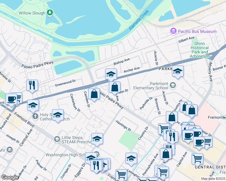 map of restaurants, bars, coffee shops, grocery stores, and more near 38149 Martha Avenue in Fremont