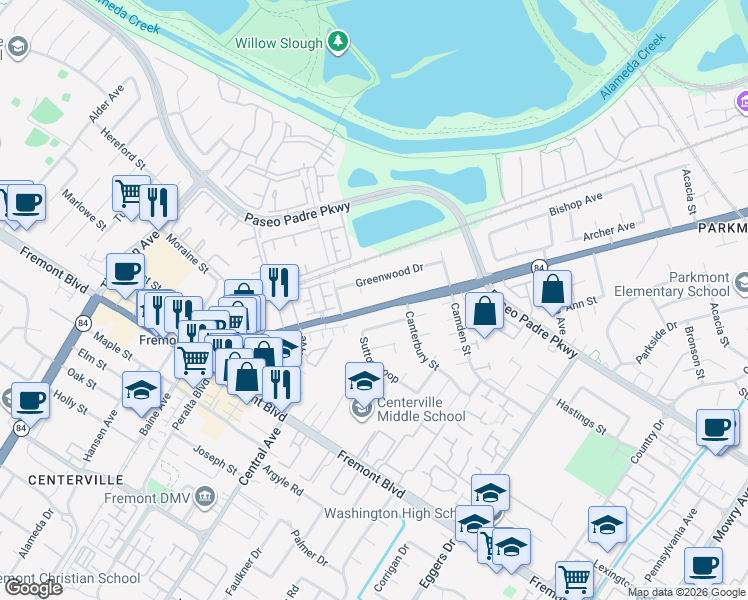 map of restaurants, bars, coffee shops, grocery stores, and more near in Fremont