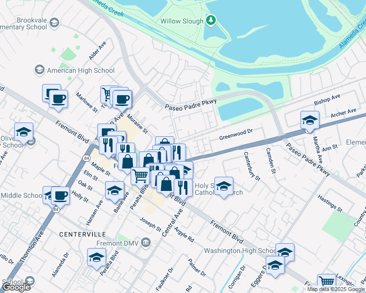 map of restaurants, bars, coffee shops, grocery stores, and more near 37471 Parish Circle in Fremont