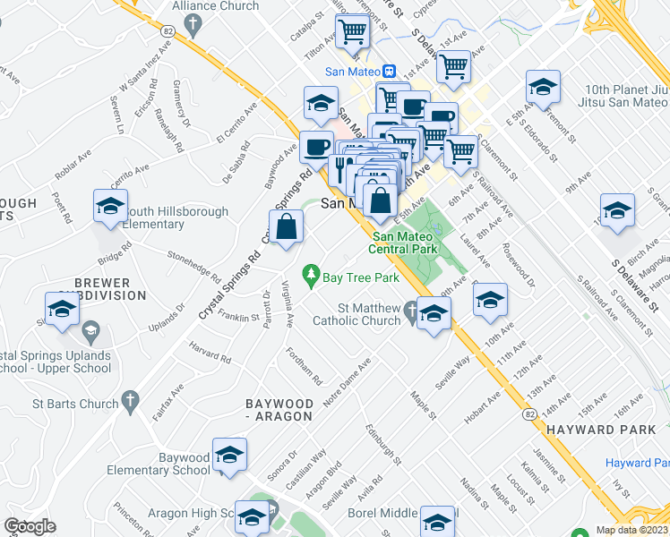 map of restaurants, bars, coffee shops, grocery stores, and more near 85 West 5th Avenue in San Mateo