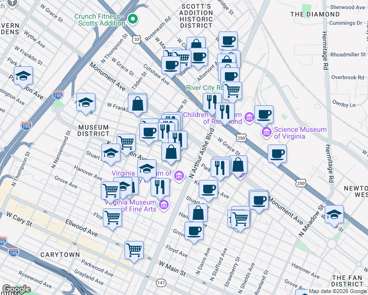 map of restaurants, bars, coffee shops, grocery stores, and more near in Richmond