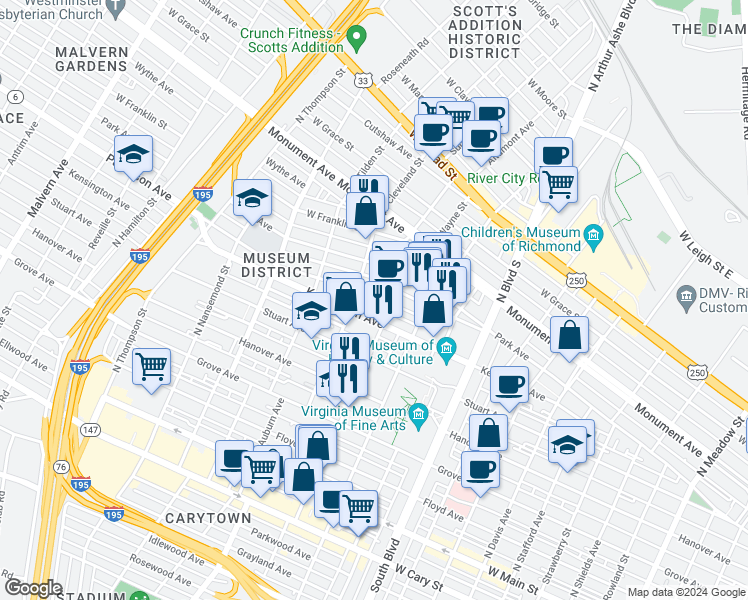 map of restaurants, bars, coffee shops, grocery stores, and more near 3104 Kensington Avenue in Richmond