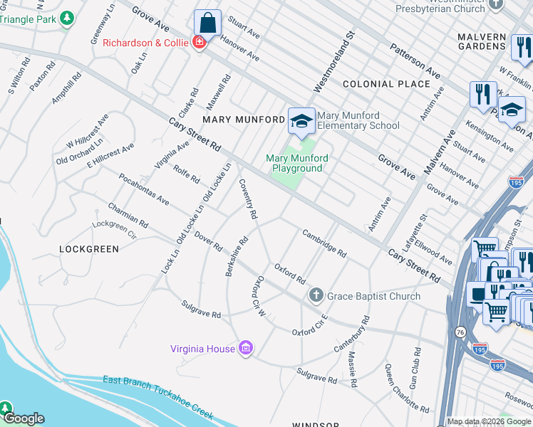 map of restaurants, bars, coffee shops, grocery stores, and more near 4314 Coventry Road in Richmond
