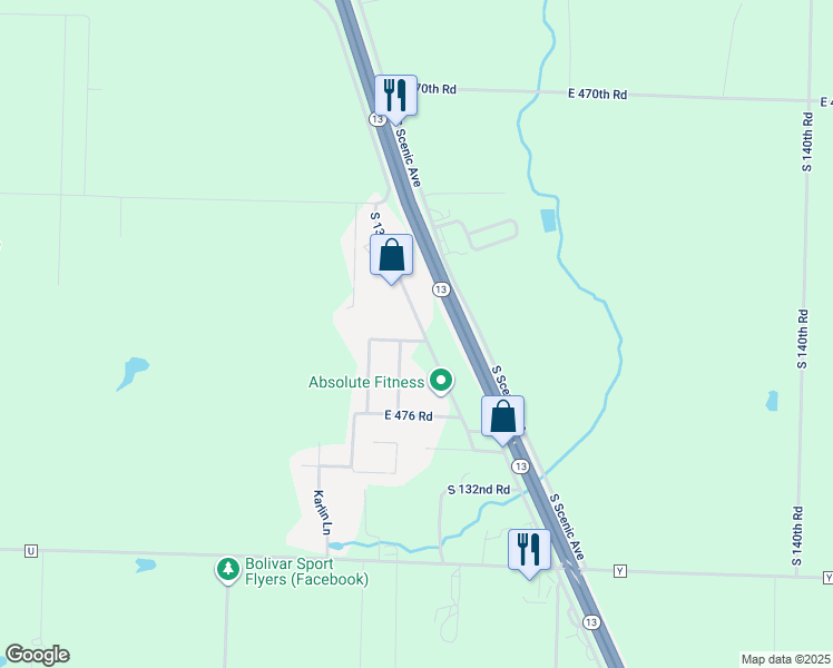 map of restaurants, bars, coffee shops, grocery stores, and more near S 131st Rd in Bolivar