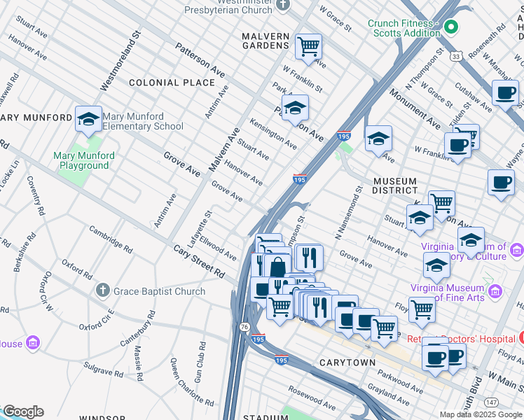 map of restaurants, bars, coffee shops, grocery stores, and more near Grove Avenue in Richmond