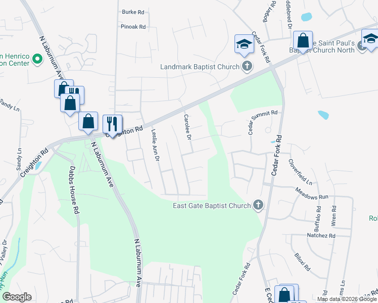map of restaurants, bars, coffee shops, grocery stores, and more near 3813 Tighe Court in Richmond