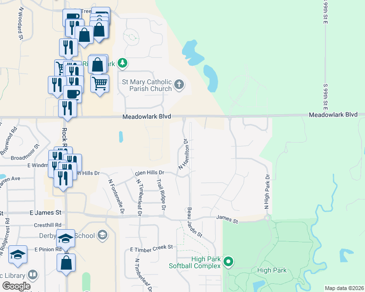 map of restaurants, bars, coffee shops, grocery stores, and more near North Hamilton Drive in Derby