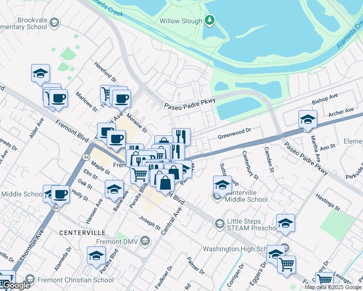 map of restaurants, bars, coffee shops, grocery stores, and more near 37474 Parish Circle in Fremont