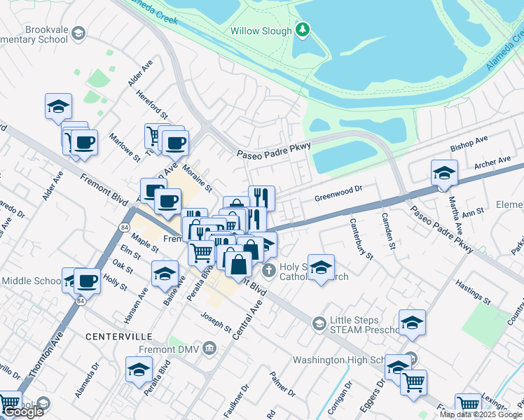 map of restaurants, bars, coffee shops, grocery stores, and more near 37474 Parish Circle in Fremont
