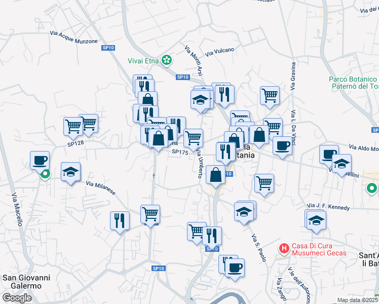 map of restaurants, bars, coffee shops, grocery stores, and more near 7 Via Giovanni Strano in Gravina di Catania