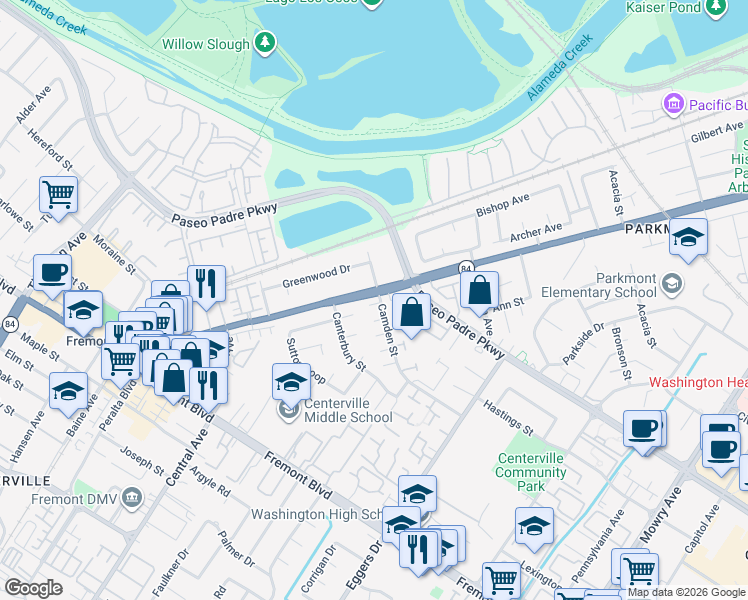 map of restaurants, bars, coffee shops, grocery stores, and more near 3101 Dunsanay Court in Fremont
