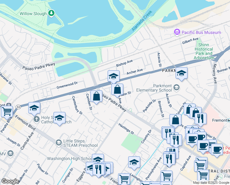 map of restaurants, bars, coffee shops, grocery stores, and more near 38035 Martha Avenue in Fremont