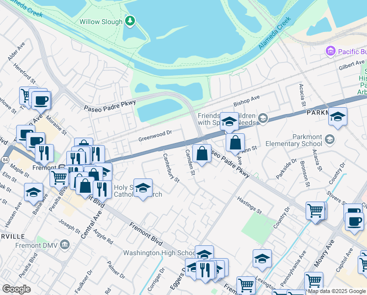 map of restaurants, bars, coffee shops, grocery stores, and more near 3101 Dunsanay Court in Fremont