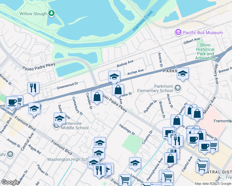 map of restaurants, bars, coffee shops, grocery stores, and more near 38035 Martha Avenue in Fremont