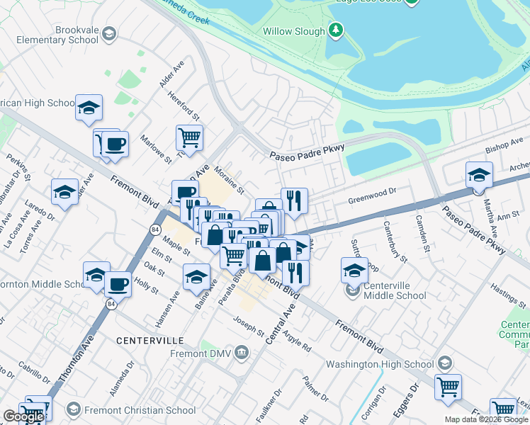 map of restaurants, bars, coffee shops, grocery stores, and more near 3580 Birchwood Terrace in Fremont