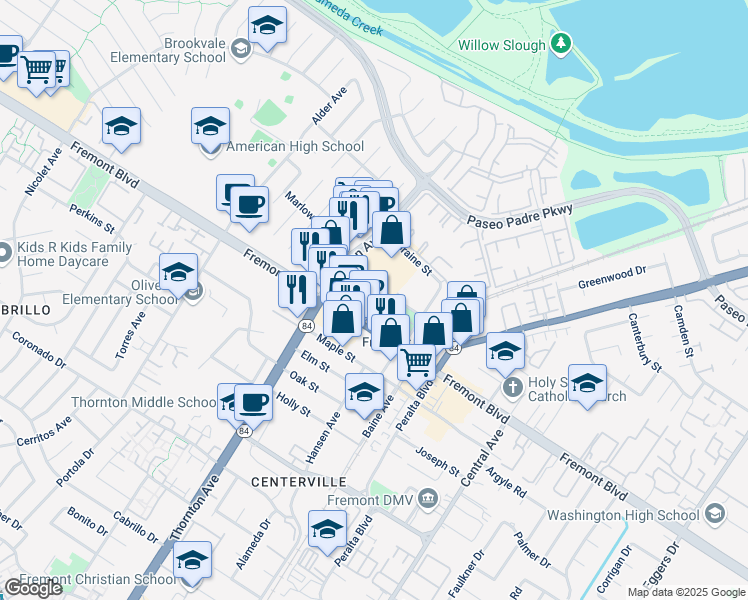 map of restaurants, bars, coffee shops, grocery stores, and more near 3888 Artist Walk Common in Fremont