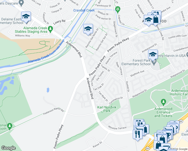 map of restaurants, bars, coffee shops, grocery stores, and more near 5864 Via Lugano in Fremont