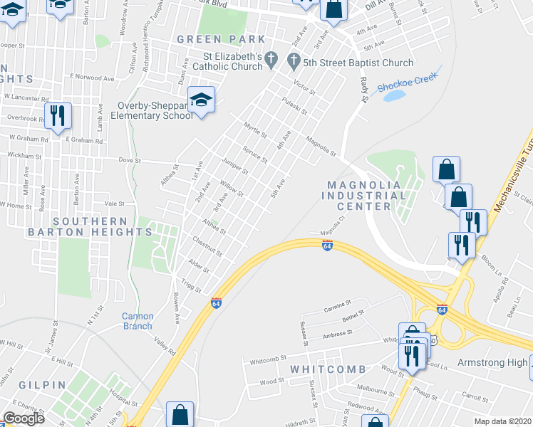 map of restaurants, bars, coffee shops, grocery stores, and more near 2121 5th Avenue in Richmond