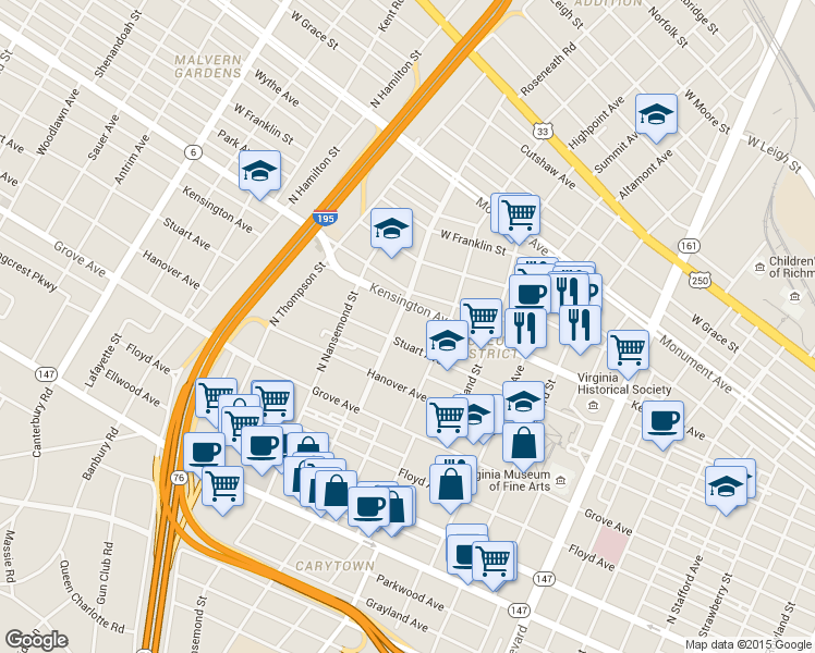 map of restaurants, bars, coffee shops, grocery stores, and more near 409 Roseneath Road in Richmond