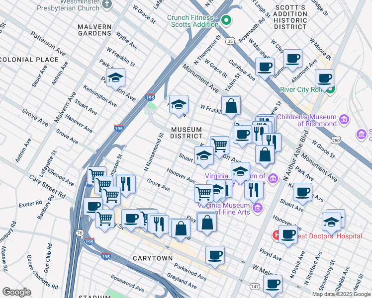 map of restaurants, bars, coffee shops, grocery stores, and more near 409 Roseneath Road in Richmond
