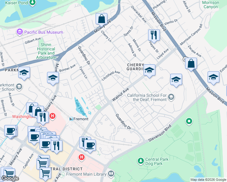 map of restaurants, bars, coffee shops, grocery stores, and more near 1031 Walnut Avenue in Fremont
