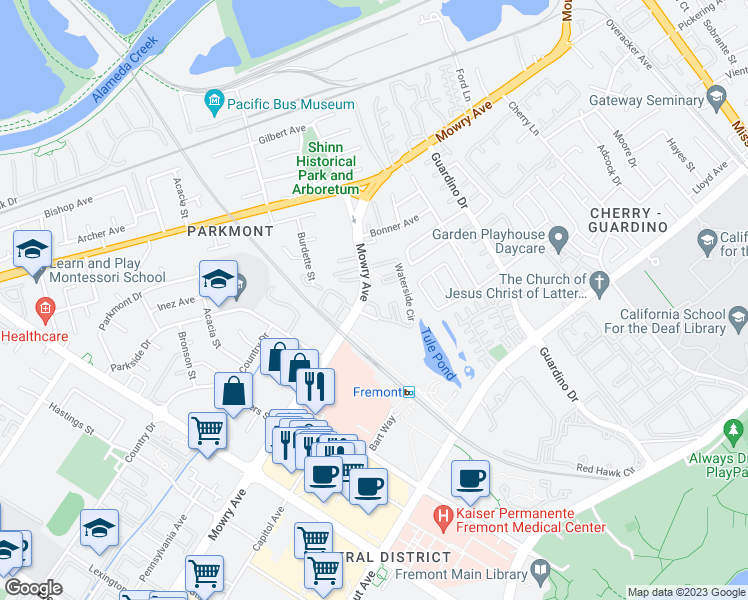map of restaurants, bars, coffee shops, grocery stores, and more near 38681 Waterside Circle in Fremont