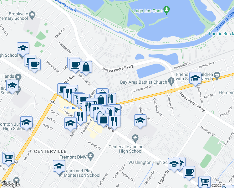 map of restaurants, bars, coffee shops, grocery stores, and more near 37471 Parish Circle in Fremont
