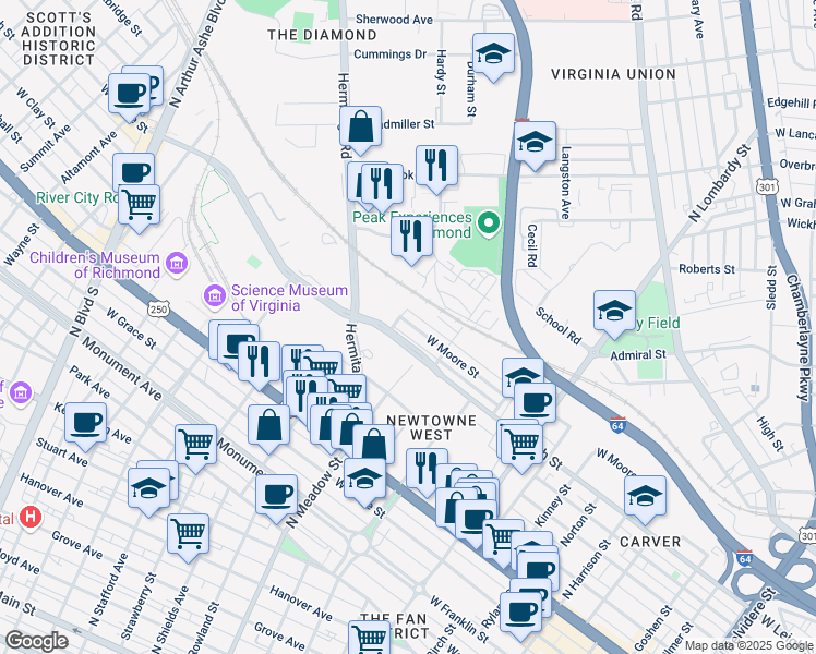 map of restaurants, bars, coffee shops, grocery stores, and more near 1942 West Leigh Street in Richmond