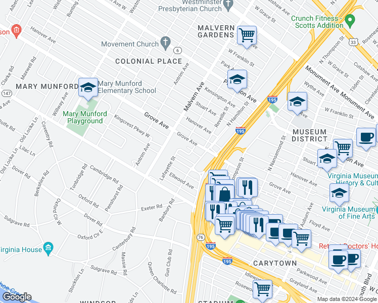 map of restaurants, bars, coffee shops, grocery stores, and more near 3908 Sterling Street in Richmond