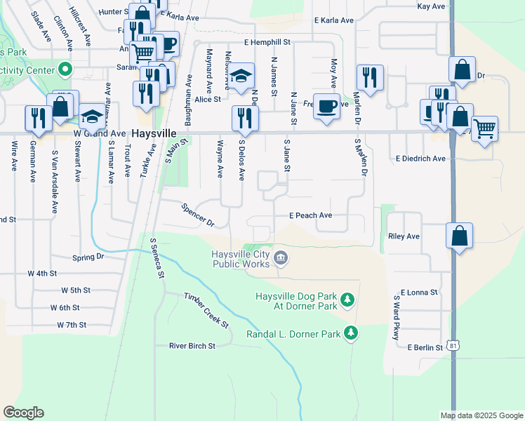 map of restaurants, bars, coffee shops, grocery stores, and more near 509 East Peach Avenue in Haysville