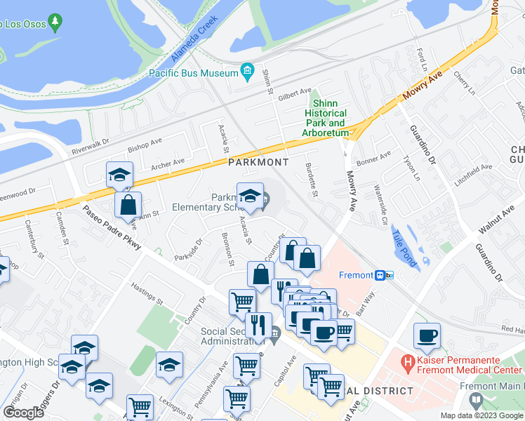 map of restaurants, bars, coffee shops, grocery stores, and more near 2601 Parkside Drive in Fremont