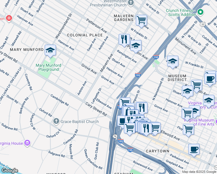 map of restaurants, bars, coffee shops, grocery stores, and more near 3908 Sterling Street in Richmond
