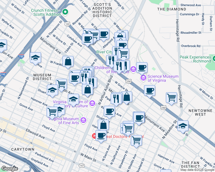 map of restaurants, bars, coffee shops, grocery stores, and more near 4506 Monument Avenue in Richmond