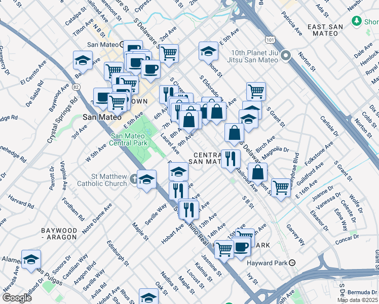 map of restaurants, bars, coffee shops, grocery stores, and more near 930 Rosewood Drive in San Mateo