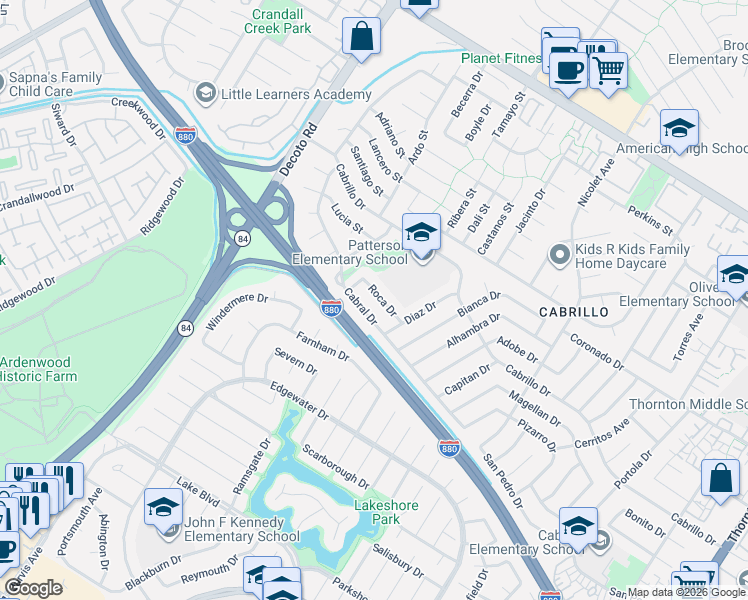map of restaurants, bars, coffee shops, grocery stores, and more near 35511 Cabral Drive in Fremont