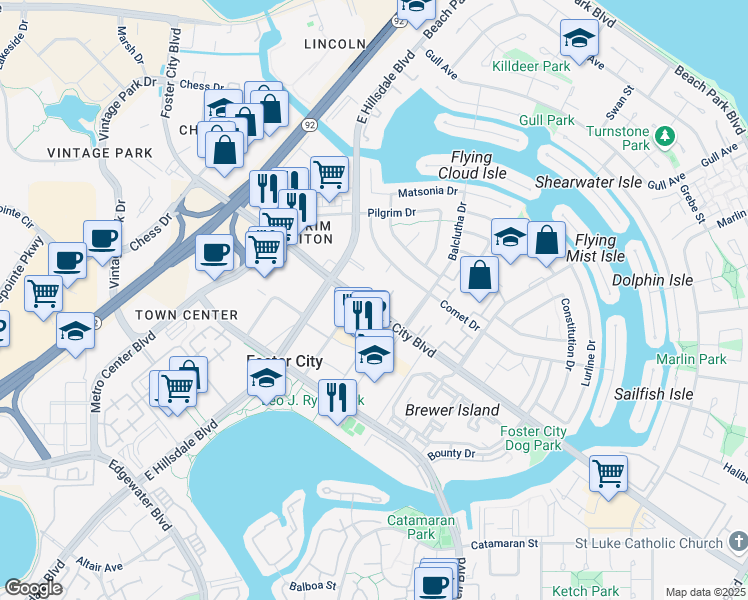 map of restaurants, bars, coffee shops, grocery stores, and more near in Foster City