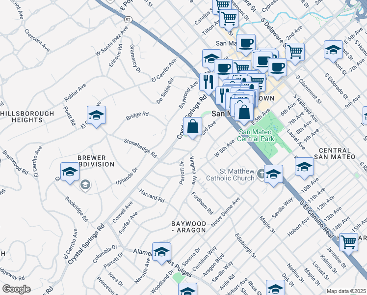 map of restaurants, bars, coffee shops, grocery stores, and more near 212 Eaton Road in San Mateo